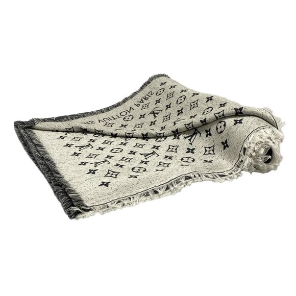 LOUIS VUITTON - Dark Gray Cream Scarf Cotton Wool Silk 477-080725 - Picture 2 of 5